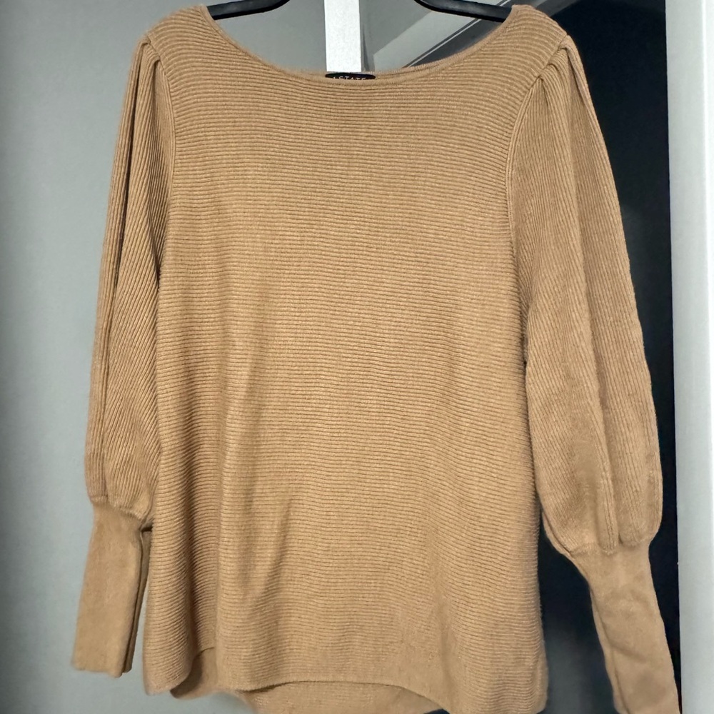1 State Sweater Camel Brown Cotton Blend Puff Sleeve Ribbed Brown Long Sleeve XL